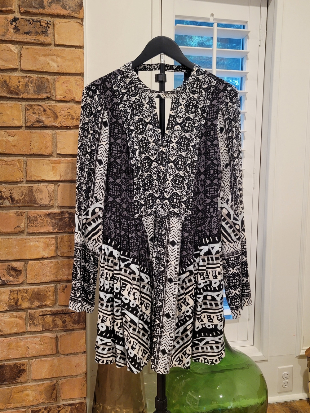 Free People Black & White Printed Long Sleeve Dress